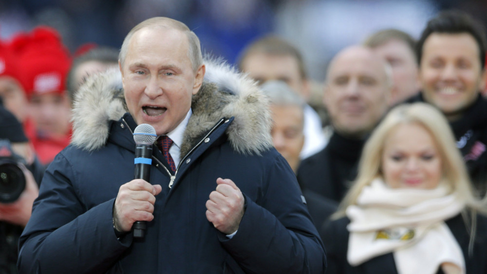 Moszkva, 2018. március 3.Vlagyimir Putyin orosz elnök beszél támogatóihoz a moszkvai Luzsnyiki Stadionban tartott kampányrendezvényen 2018. március 3-án. Az elnökválasztást 2018. március 18-án tartják Oroszországban. (MTI/EPA/Jurij Kocsetkov)