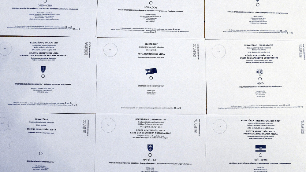 Az országos nemzetiségi listás szavazólapok mintája, amelyet jóváhagyott ülésén a Nemzeti Választási Bizottság (NVB) a Nemzeti Választási Iroda budapesti Alkotmány utcai székházában 2018. március 14-én. Az NVB ülésén jóváhagyta az országos pártlistás szavazólapok mintáját is.