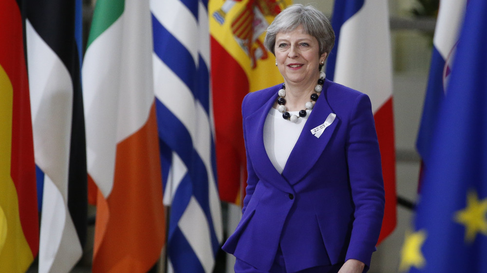 Brüsszel, 2018. március 22.Theresa May brit miniszterelnök érkezik az Európai Unió tagállamai kétnapos állam- és kormányfői csúcstalálkozójának első napi ülésére Brüsszelben 2018. március 22-én. (MTI/EPA/Julien Warnand)