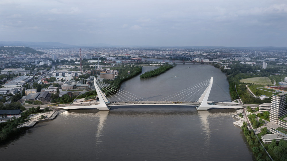 Az UNStudió és a Buro Happold Engineering alkotta konzorcium által 2018. április 20-án közzétett látványterve Budapesten felépülő, Dél-Budát és Csepelt összekötő hídról.
