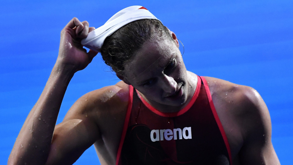 Hosszú Katinka a női 4x200 méteres gyorsváltó döntője után a 17. vizes világbajnokságon a Duna Arénában 2017. július 27-én.