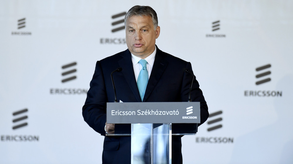 Orbán Viktor miniszterelnök beszédet mond az Ericsson Magyarország újonnan épült budapesti székháza és fejlesztési központja, az Ericsson Ház megnyitóünnepségén 2018. május 29-én.