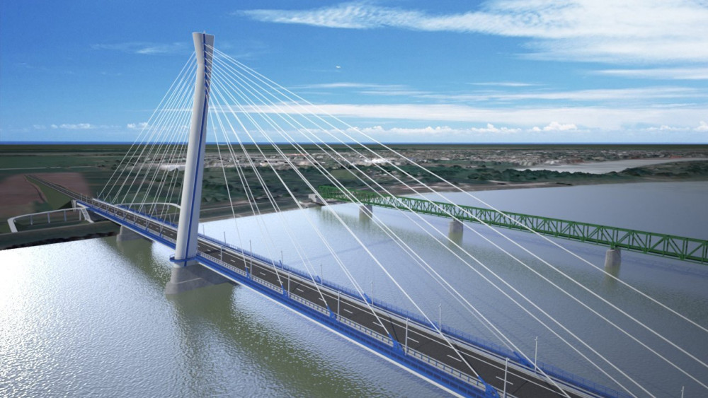 Az A.D.U. Építész KFT. által tervezett új komáromi Duna-híd látványterve 2018. április 23-án. Jobbról az 500 méter hosszú, egyvágányú komáromi vasúti összekötő híd.