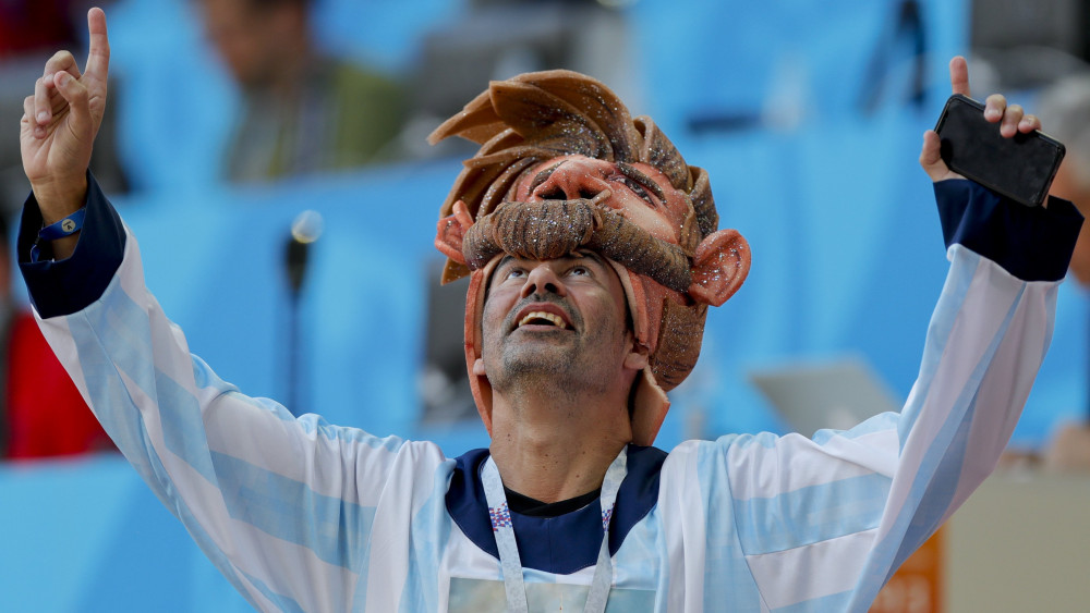 Moszkva, 2018. június 16.Argentin szurkoló az oroszországi labdarúgó-világbajnokság D csoportjának első fordulójában játszott Argentína - Izland mérkőzés előtt a moszkvai Szpartak Stadionban 2018. június 16-án. (MTI/AP/Ricardo Mazalan)