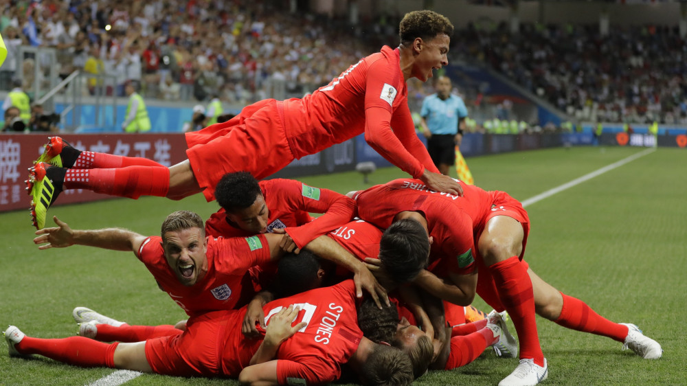 Volgográd, 2018. június 18.Az angol Harry Kane gólját ünneplik csapattársai az oroszországi labdarúgó-világbajnokság G csoportja első fordulójának Tunézia  Anglia mérkőzésén a Volgográd Arénában 2018. június 18-án. (MTI/AP/Szergej Gric)