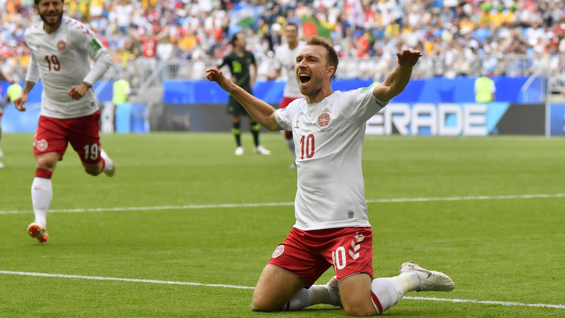 Szamara, 2018. június 21.A dán Christian Eriksen ünnepel, miután gólt szerzett az oroszországi labdarúgó-világbajnokság C csoportjának második fordulójában játszott Dánia - Ausztrália mérkőzésen a Szamara Arénában 2018. június 21-én. (MTI/AP/Martin Meissner)