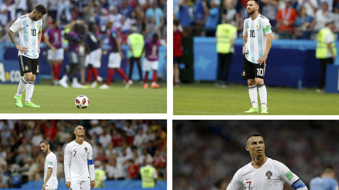 Szocsi, 2018. június 30.Az argentin Lionel Messi (fent) és a portugál Cristiano Ronaldo az oroszországi labdarúgó-világbajnokság nyolcaddöntőjében a Franciaország, illetve Uruguay ellen játszott mérkőzéseiken a Kazany Arénában, illetve a szocsi Fist Stadionban 2018. június 30-án. Mindkét sztár csapata kiesett. (MTI/AP)