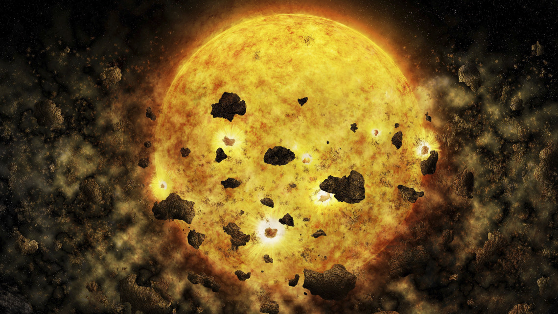 Egyesült Államok, 2018. jőlius 19.A NASA által közreadott illusztráción a Bika csillagkép RW Aur A jelű, a földtől mintegy 450 fényévnyi távolságra lévő csillagot körülvevő törmelékek láthatók. A NASA csillagászainak feltételezése szerint a csillag felfalta egy bolygóját vagy több kisbolygóját. (MTI/AP/NASA/CXC/M. Weiss)
