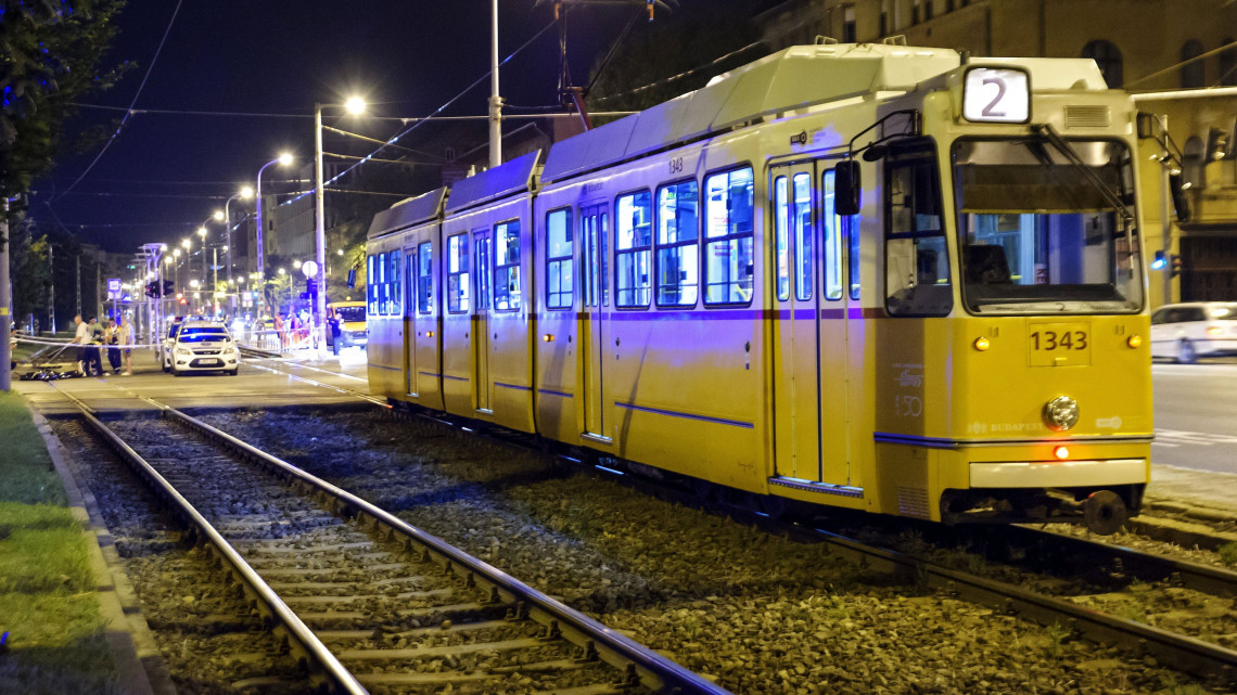Rendőrök helyszínelnek Budapesten, a Soroksári úton, ahol a Müpa - Nemzeti Színház megállónál halálra gázolt egy gyalogost egy 2-es villamos 2018. augusztus 5-ére virradó éjjel.
