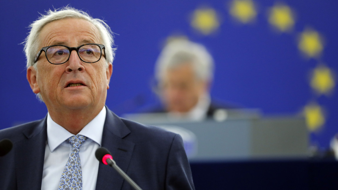 Strasbourg, 2018. szeptember 12.Jean-Claude Juncker, az Európai Bizottság elnöke évértékelő beszédet tart az Európai Parlament plenáris ülésén Strasbourgban 2018. szeptember 12-én. (MTI/AP/Jean-Francois Badias)