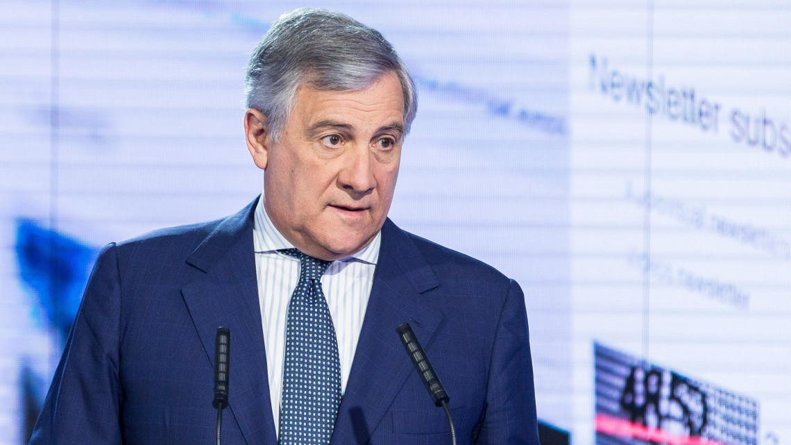 Brüsszel, 2018. május 23.Antonio Tajani, az Európai Parlament elnöke sajtótájékoztatót tart egy évvel az európai parlamenti választások előtt Brüsszelben 2018. május 23-án. (MTI/EPA/Stephanie Lecocq)