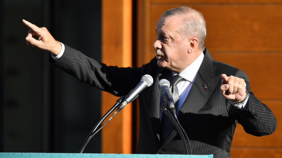 Köln, 2018. szeptember 29.Recep Tayyip Erdogan török elnök beszél a kölni mecset megnyitóján 2018. szeptember 29-én. Erdogan háromnapos hivatalos látogatáson tartózkodik Németországban. (MTI/AP/Martin Meissner)