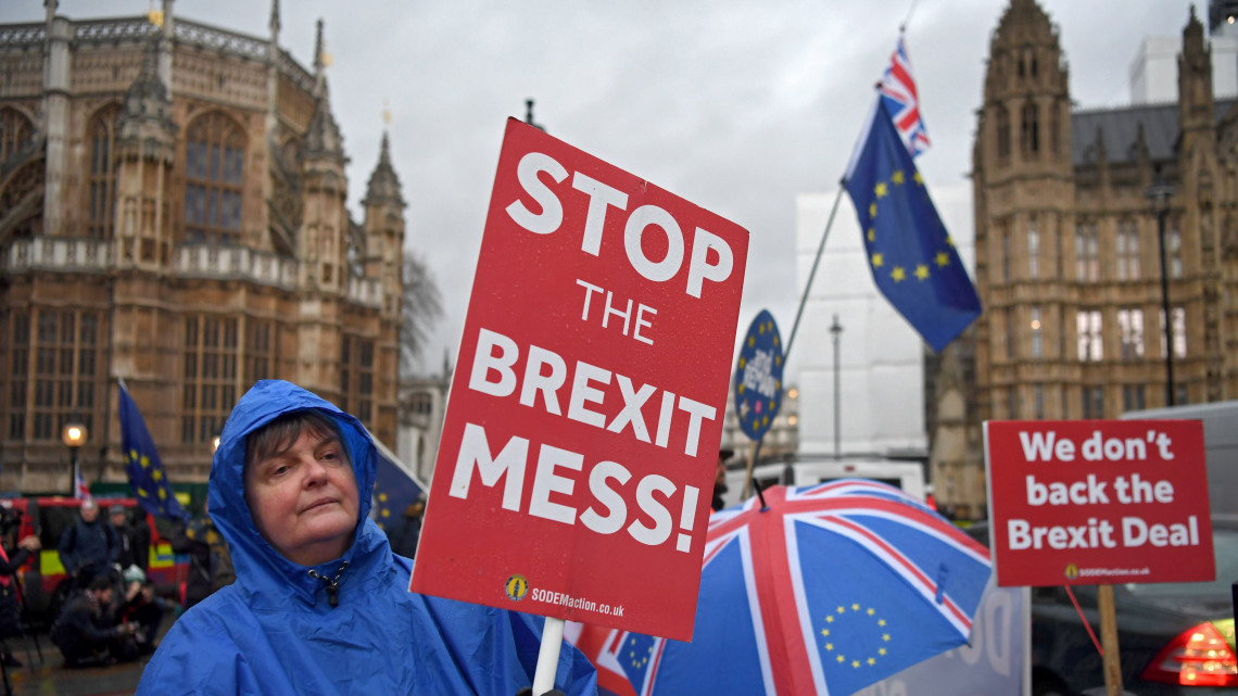 A brexitet ellenzők tüntetnek a londoni parlament előtt 2019. január 16-án. Ezen a napon ellenzéki bizalmatlansági indítványt nyújtanak be Theresa May brit miniszterelnök kormánya ellen, s erről az este folyamán szavaz a londoni parlament alsóháza. Az előző nap a képviselők nagy többsége elutasította a brit EU-tagság megszűnésének (brexit) feltételrendszeréről az Európai Unióval kötött megállapodást.