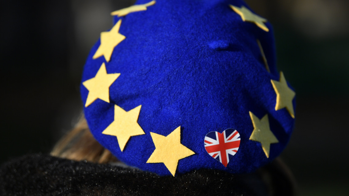 Uniópárti tiltakozó sapkája a Nagy-Britannia Európai Unióból való kilépését (Brexit) ellenző tüntetésen London belvárosában 2018. december 11-én. Theresa May brit miniszterelnök az előző napon bejelentette, hogy az eredeti tervekkel ellentétben a londoni alsóház nem szavaz a brit EU-tagság megszűnésének feltételrendszerét rögzítő megállapodásról december 11-én.