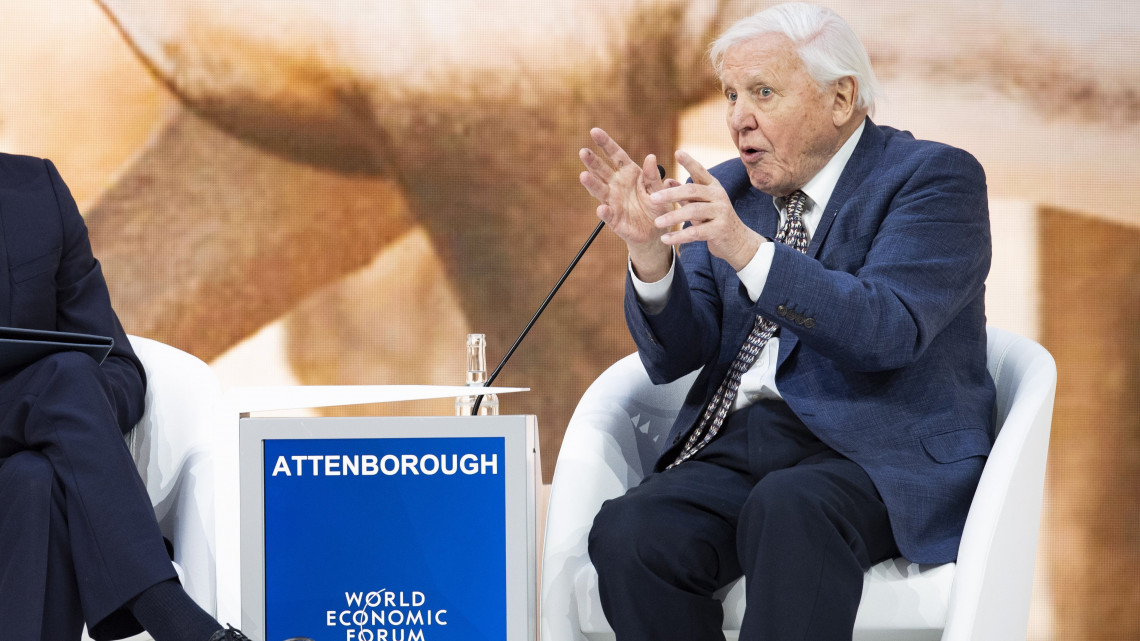 Sir David Attenborough angol természettudós és ismeretterjesztő dokumentumfilmes pódiumbeszélgetésen vesz részt a Világgazdasági Fórum 49. davosi találkozóján 2019. január 22-én, a kezdőnapon. A névadó svájci nonprofit alapítvány szervezte négynapos tanácskozáson a világ vezető politikai, társadalmi és gazdasági döntéshozói a legégetőbb globális kérdéseket vitatják meg, illetve határozzák meg a jövőre vonatkozó legfontosabb feladatokat.