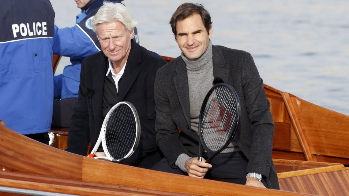 Roger Federer svájci teniszező (j) és Björn Borg egykori svéd teniszcsillag, az európai csapat kapitánya az ez évi Laver-kupa genfi beharangozásán 2019. február 8-án.