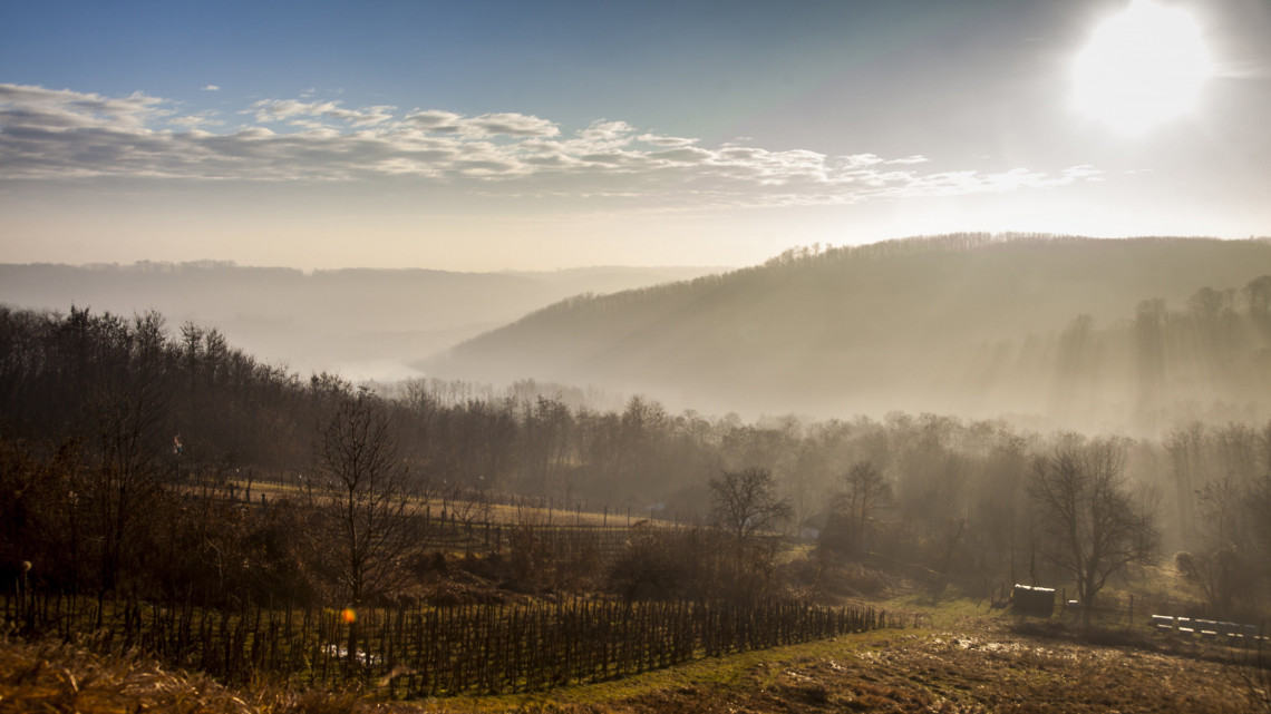 Köd és napsütés a reggeli órákban a Zala megyei Börzöncénél karácsony másnapján, 2016. december 26-án.