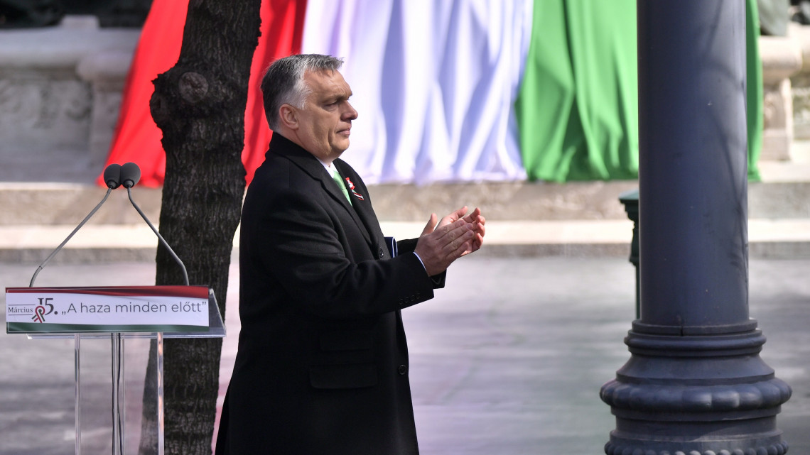 Orbán Viktor miniszterelnök az 1848/49-es forradalom és szabadságharc emléknapja alkalmából tartott állami ünnepségen a Múzeumkertben 2019. március 15-én.