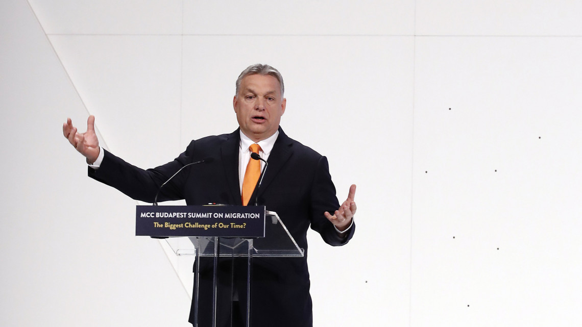 Orbán Viktor miniszterelnök beszél a Mathias Corvinus Collegium (MCC) háromnapos migrációs konferenciáján Budapesten, a Várkert Bazárban 2019. március 23-án.