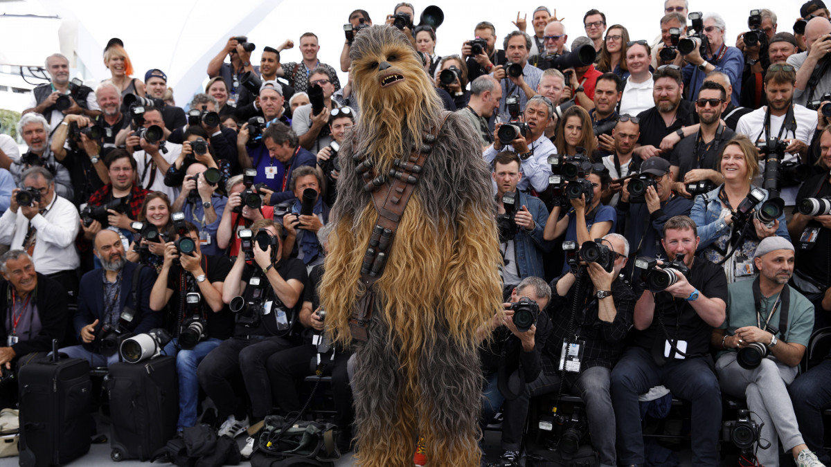 Cannes, 2018. május 15.Csubakka karaktere a Csillagok háborúja űreposz legújabb része, a Solo: Egy Star Wars-történet című versenyfilm bemutatóján a 71. Cannes-i Nemzetközi Filmfesztiválon 2018. május 15-én. (MTI/EPA/Franck Robichon)