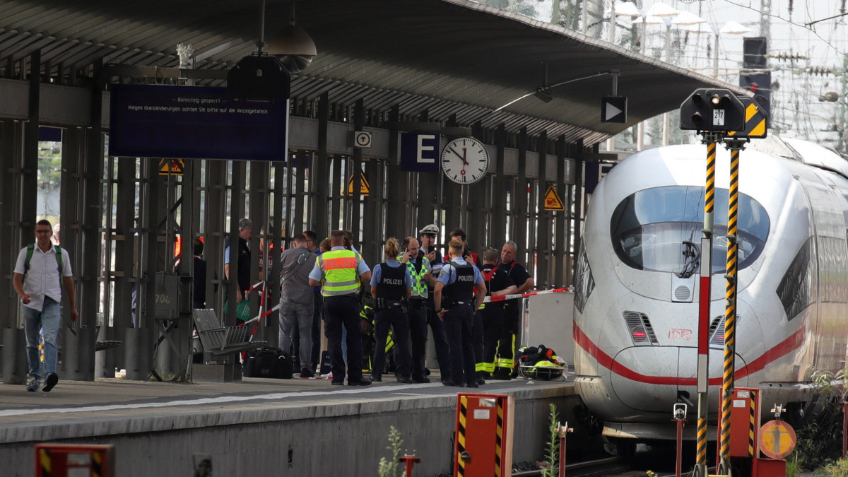 Rendőrök a németországi Frankfurt főpályaudvarán, ahol egy nyolcéves kisfiú életét vesztette, miután egy férfi anyjával együtt egy vonat elé lökte 2019. július 29-én. Az áldozat édesanyja még el tudott menekülni a nagysebességű vonat elől, de a kisfiú  a szerelvény alá került és szörnyethalt.