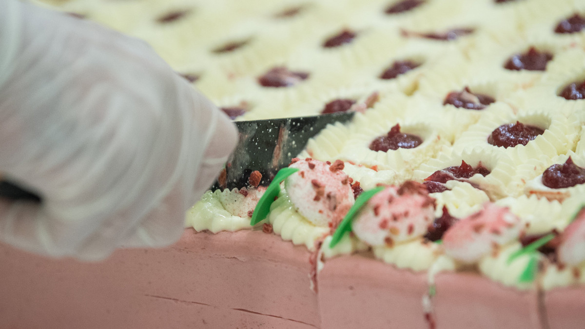 Felszeletelik Magyarország tortáját, a dunaföldvári Tóth Cukrászda Boldogasszony csipkéje elnevezésű tortáját az augusztus 20-i ünnepi rendezvények szervezőinek sajtótájékoztatóján az Országház Vadásztermében 2019. július 31-én.
