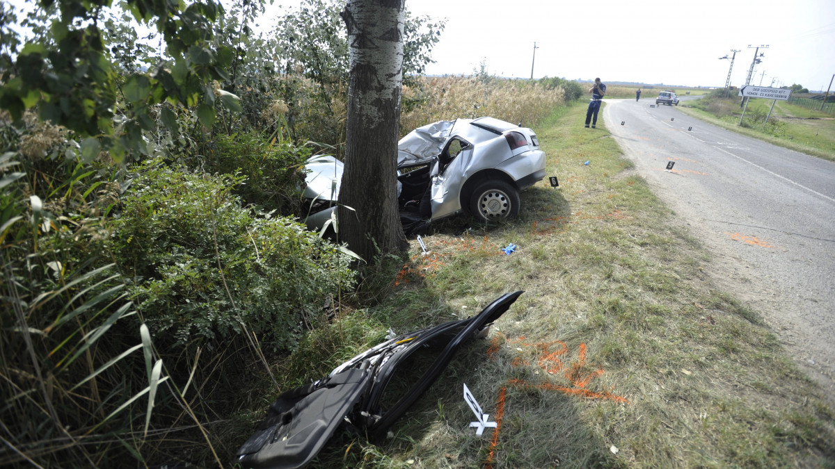 Az útról lesodródott, fának ütközött, összetört személygépkocsi Dabas közelében 2019. szeptember 25-én. A sofőr a helyszínen meghalt.