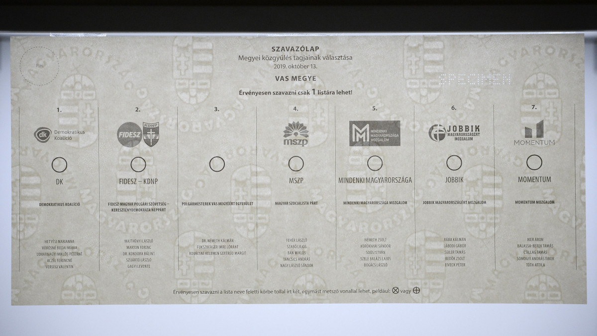 A Vas megyei szavazólap mintája az október 13-ai önkormányzati és nemzetiségi választás szavazólapjainak gyártásáról tartott sajtótájékoztatón az ANY Biztonsági Nyomda Nyrt. budapesti nyomdájában 2019. szeptember 23-án.