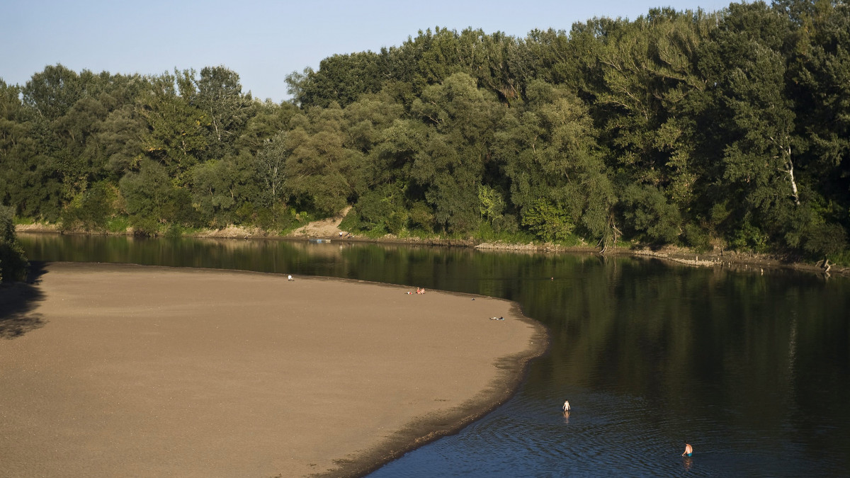 A Tisza medre Tivadar és Kisar között 2012. szeptember 10-én. Az utóbbi hetekben nem hullott számottevő eső a Tisza vízgyűjtő területén és a mellékfolyók sem szállítanak vizet ezért rendkívül alacsony a folyó vízszintje.