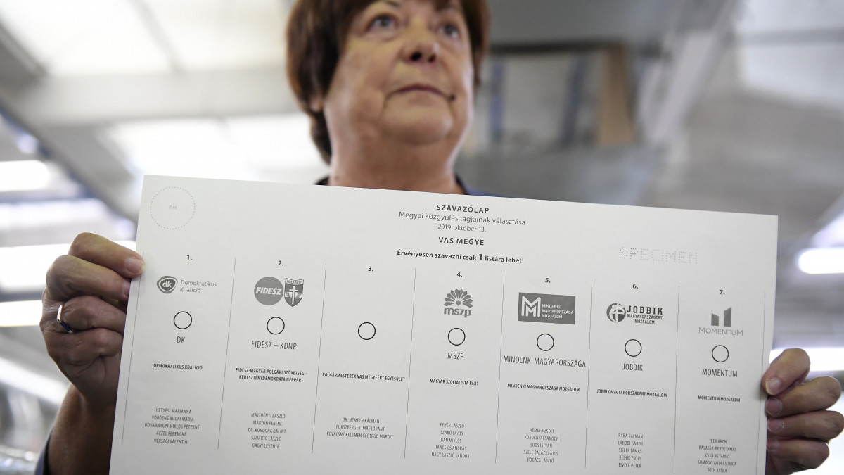 Pálffy Ilona, a Nemzeti Választási Iroda elnöke a Vas megyei szavazólap mintáját mutatja az október 13-ai önkormányzati és nemzetiségi választás szavazólapjainak gyártásáról tartott sajtótájékoztatón az ANY Biztonsági Nyomda Nyrt. budapesti nyomdájában 2019. szeptember 23-án.