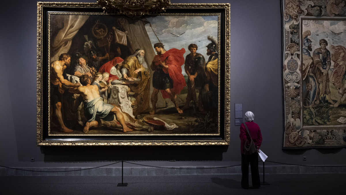 Érdeklődő Peter Paul Rubens A jóslat kinyilatkoztatása a Decius Mus-sorozatból című festménye előtt a Rubens, Van Dyck és a flamand festészet fénykora című kiállítás sajtóbemutatóján a budapesti Szépművészeti Múzeumban 2019. október 28-án. A tárlat február 16-ig látogatható.