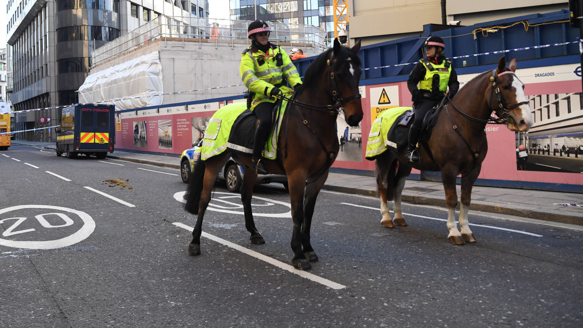 Késeléses támadás helyszínénél rendőrök a London híd déli lábánál 2019. november 29-én. Többen megsebesültek, egy embert őrizetbe vettek a rendőrök.