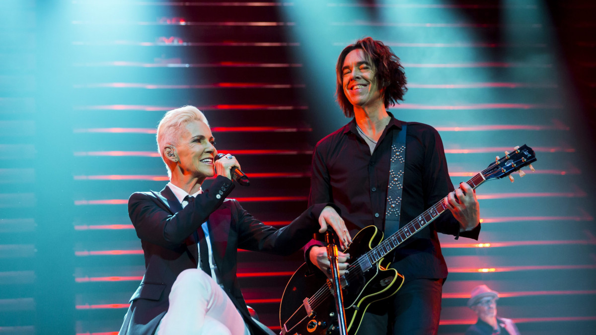 Marie Fredriksson és Per Gessle a svéd Roxette popzenekar koncertjén a Papp László Budapest Sportarénában 2015. május 19-én.
