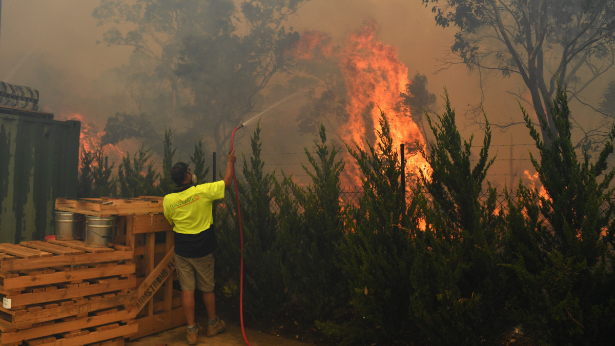 Munkás küzd a lángok megfékezésén az Új-Dél-Wales államban fekvő West Queenbeyan egyik gyártelepén 2020. január 23-án. A kontinensországot sújtó erdő- és bozóttüzekben eddig legkevesebb 28-an haltak meg, mintegy kétezer otthon semmisült meg, és több százezren kényszerültek lakóhelyük elhagyására. Hatalmas kár keletkezett az élővilágban, egymilliárd emlős, madár és hüllő pusztulhatott el.