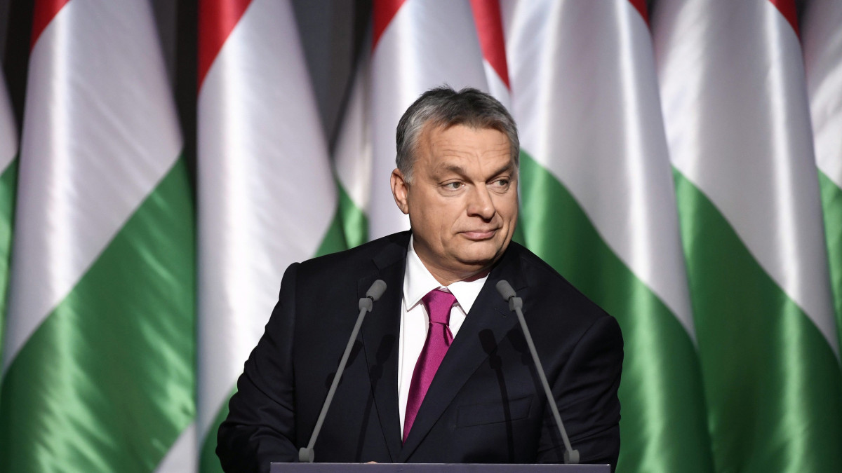 Orbán Viktor miniszterelnök hagyományos évértékelő beszédét tartja a Várkert Bazárban 2017. február 10-én.