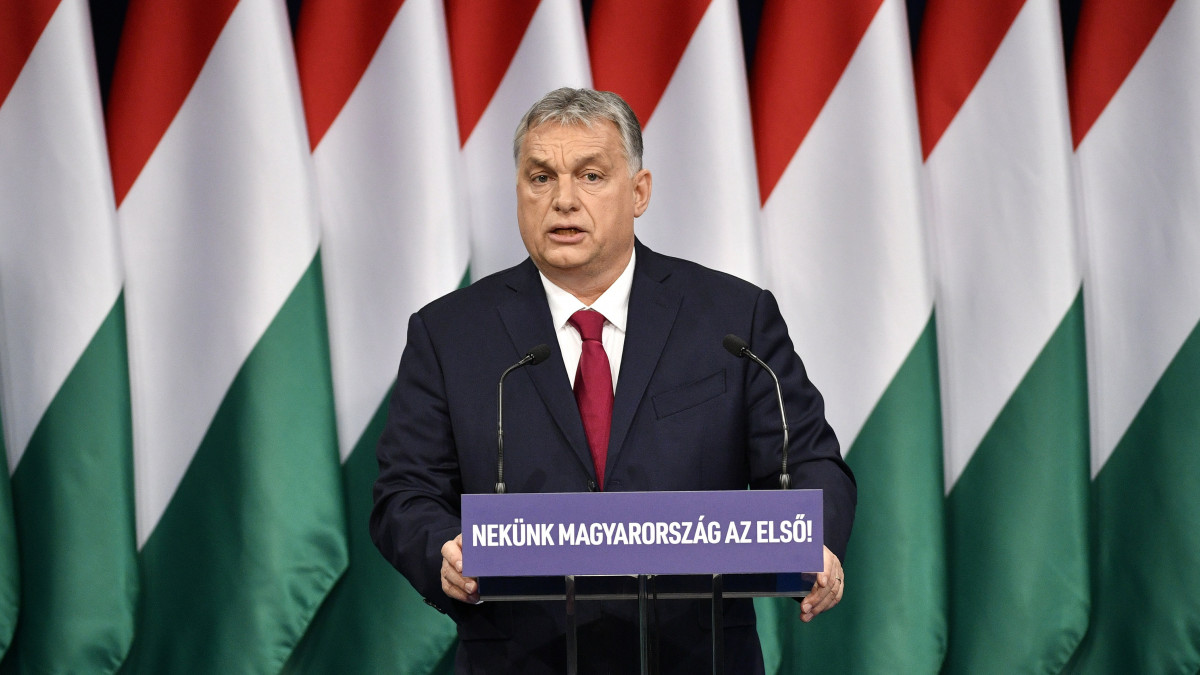 Orbán Viktor miniszterelnök hagyományos évértékelő beszédét tartja a Várkert Bazárban 2020. február 16-án.