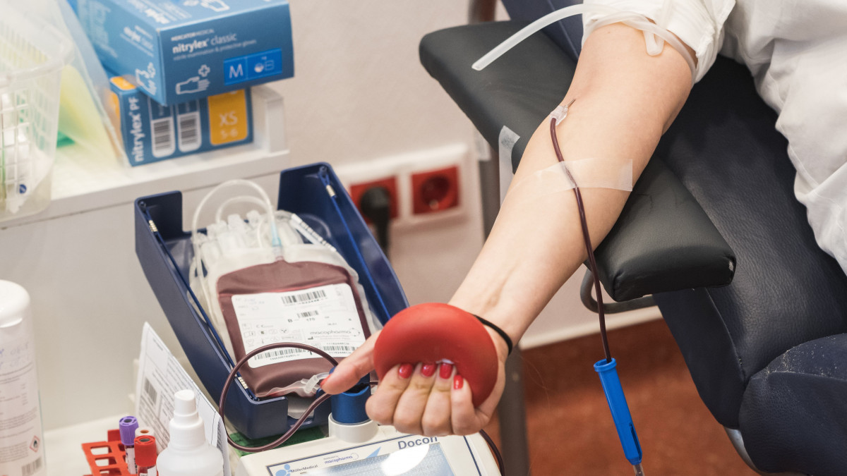 Egy nő vért ad az Országos Vérellátó Szolgálat megújult Karolina úti véradóterének átadásán 2018. május 14-én.