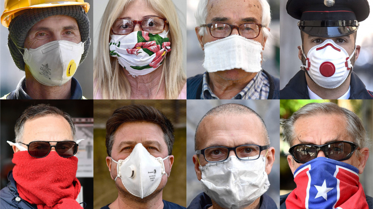 Kombókép különféle szájmaszkokat viselő genovai lakosokról 2020. április 16-án, a koronavírus világjárvány idején. Olaszországban 165 155-re nőtt a koronavírussal fertőzöttek száma, 21 645-en életüket veszítették.