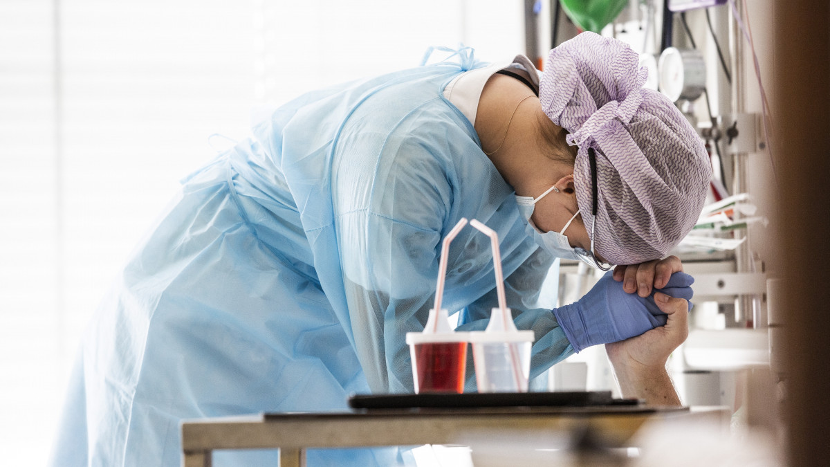 Koronavírussal fertőzött beteget nyugtat meg egy ápolónő a koppenhágai Herlev kórház intenzív osztályán 2020. májusában. A beteg légzési elégtelenség miatt korábban eszméletét vesztette.
