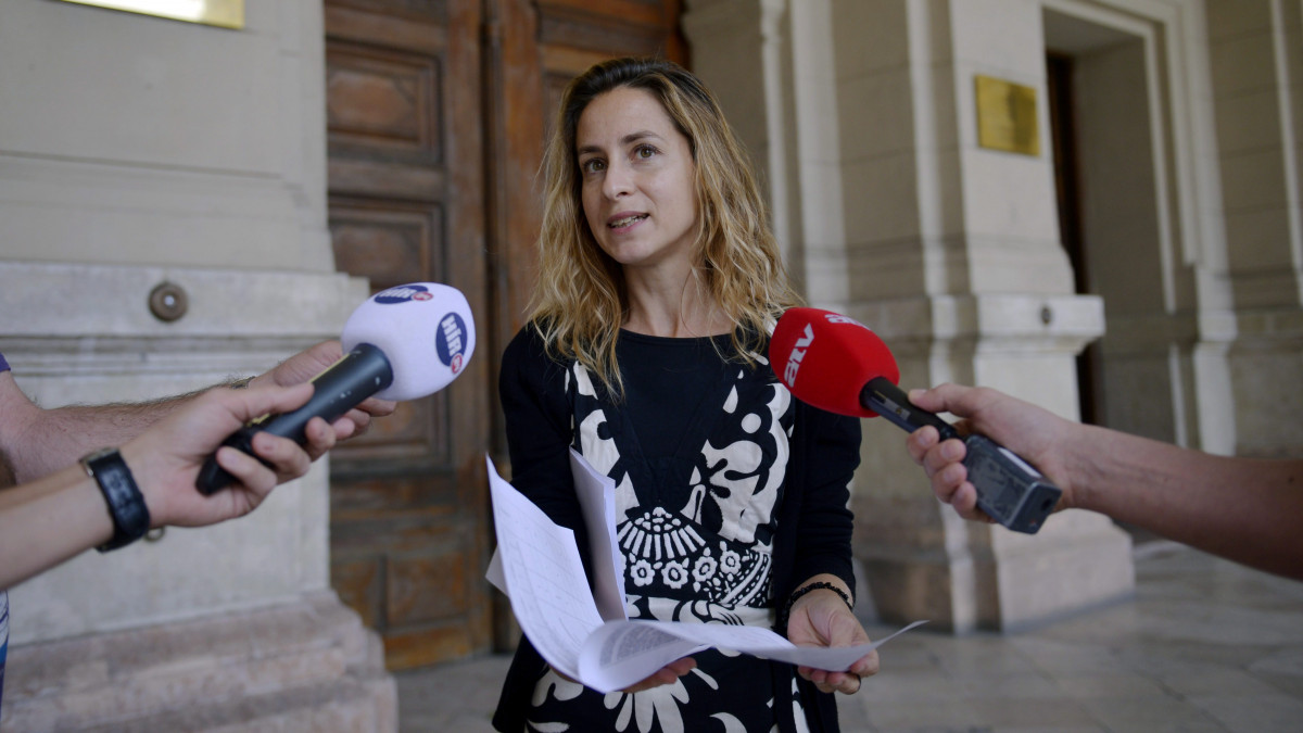 Szabó Rebeka, a Párbeszéd Magyarországért (PM) elnökségi tagja sajtótájékoztatót tart Kezünkben a kishantosi pályázatok címmel Földművelésügyi Minisztérium előtt 2014. június 27-én.