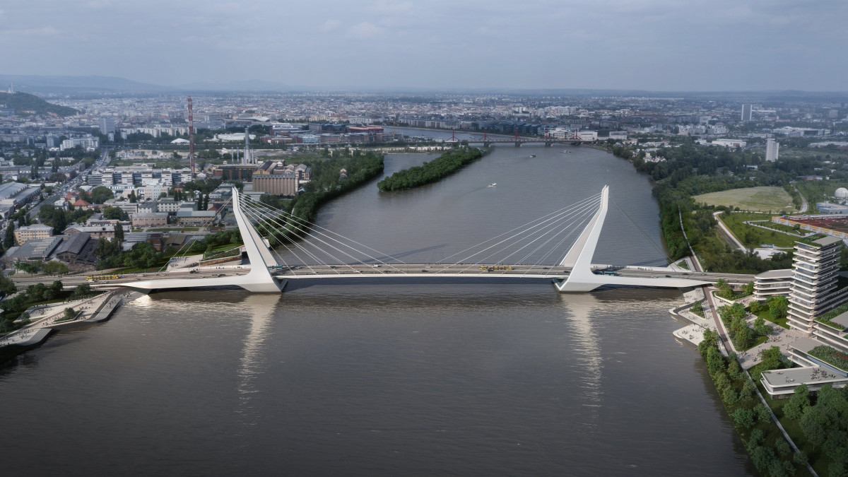 Az UNStudió és a Buro Happold Engineering alkotta konzorcium által 2018. április 20-án közzétett látványterv a Budapesten felépülő, Dél-Budát és Csepelt összekötő hídról.