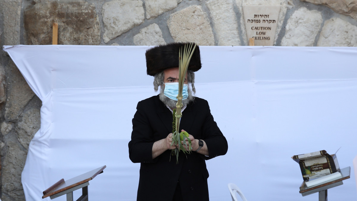 Ultraortodox zsidó férfi négy növényből összeállított csokorral a kezében imádkozik az Egyiptomból való kivonulás utáni negyven éves pusztai vándorlás emlékére tartott szukkot, azaz a sátrak ünnepén a jeruzsálemi Siratófalnál 2020. október 5-én. Az ünnep négy szimbóluma, a citrusfélék, a mirtusz, a fűzfa- és pálmaágak azt az isteni ajándékot szimbolizálják, amelyet a zsidók az egyiptomi kivonulás idején kaptak.