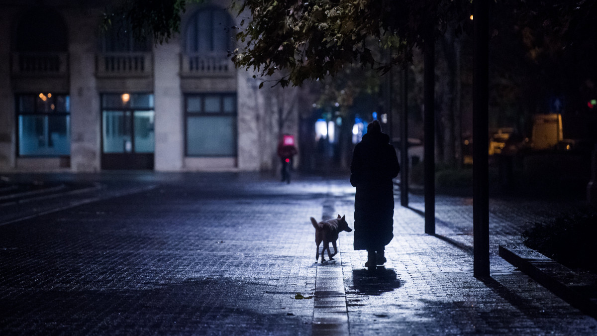 Kutyát sétáltat egy nő Budapesten, a Kossuth téren 2020. november 12-én, késő este. A koronavírus-járvány második hulláma miatt november 11. óta este 8 és hajnali 5 óra között kijárási tilalom van érvényben Magyarországon. Kutyát a tilalom ideje alatt is lehet sétáltatni a lakóhely 500 méteres körzetében.