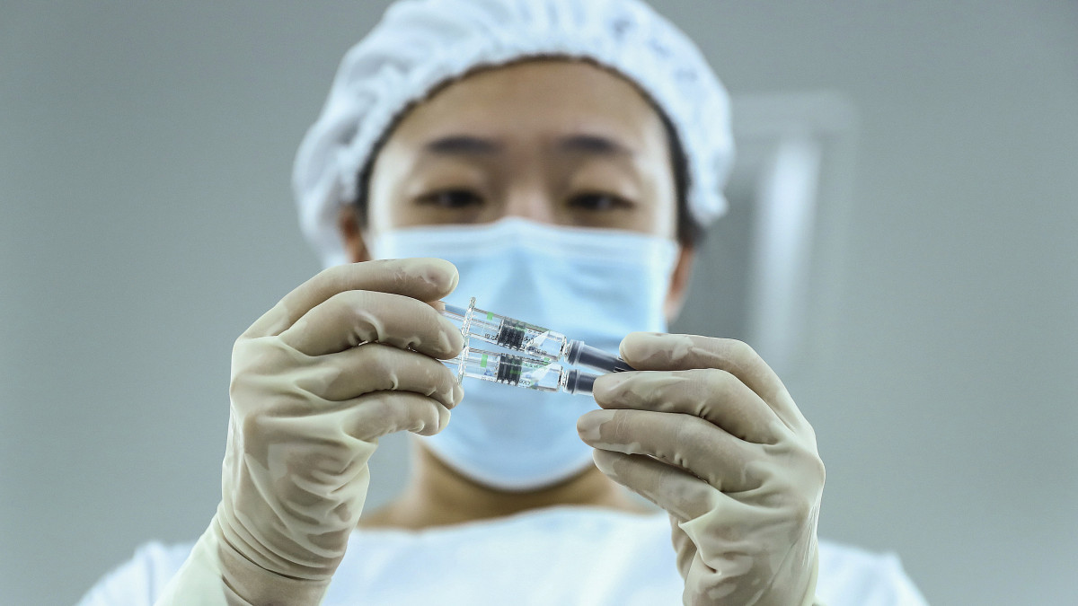A Hszinhua hírügynökség által 2020. december 31-én közreadott képen egészségügyi dolgozó nézi a Sinopharm kínai állami gyógyszergyártó egyik leányvállalata által a koronavírus ellen kifejlesztett oltóanyagot tartalmazó fecskendőket a cég egyik pekingi üzemében december 25-én. A vakcina inaktivált, vagyis az emberi sejtekben szaporodásra nem képes vírust tartalmaz. Az oltóanyag feltételes forgalmazási engedélyt kapott Kínában.