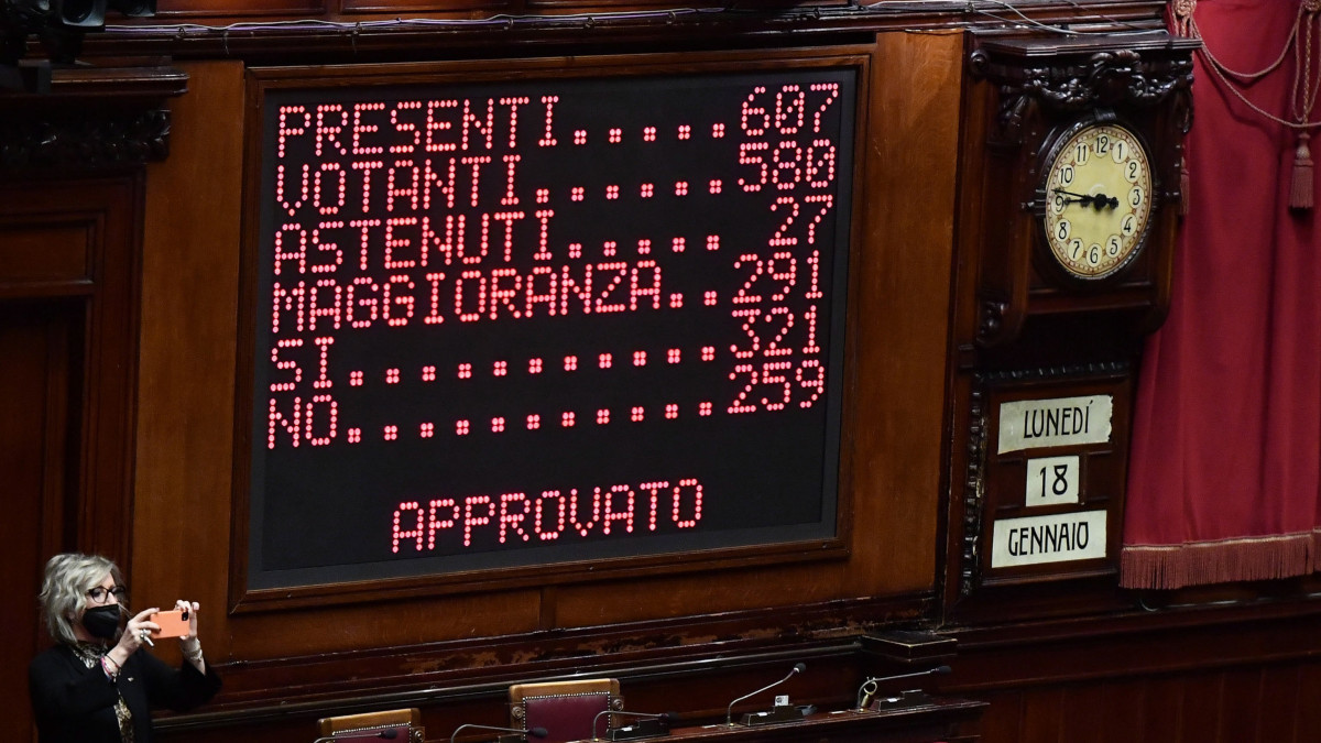 A bizalmi szavazás eredménye a római parlament alsóházának kijelzőjén 2021. január 18-án. A testület 321 igen szavazattal, 259 elutasító szavazattal és 27 képviselő tartózkodásával bizalmat szavazott Giuseppe Conte olasz miniszterelnöknek és kormányának. A mostani helyzetet az idézte elő, hogy a Matteo Renzi vezette Élő Olaszország párt január 13-án visszavonta minisztereit a kormányból. A szenátusi szavazást január 19-én tartják.
