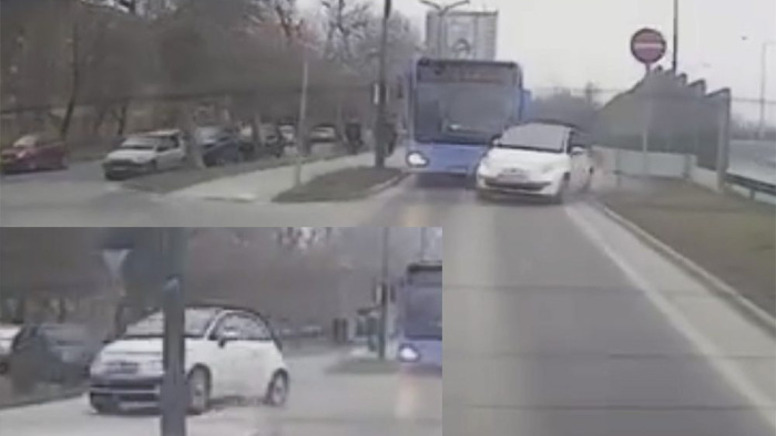 Külön utakon: bevágott a busz elé, de már nem fért be a kis Fiat – videó
