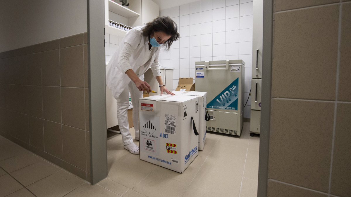 Csanády Erzsébet szakgyógyszerész kicsomagolja a koronavírus elleni Pfizer-BioNTech vakcinák újabb szállítmányát a balassagyarmati Dr. Kenessey Albert Kórházban 2021. március 23-án.