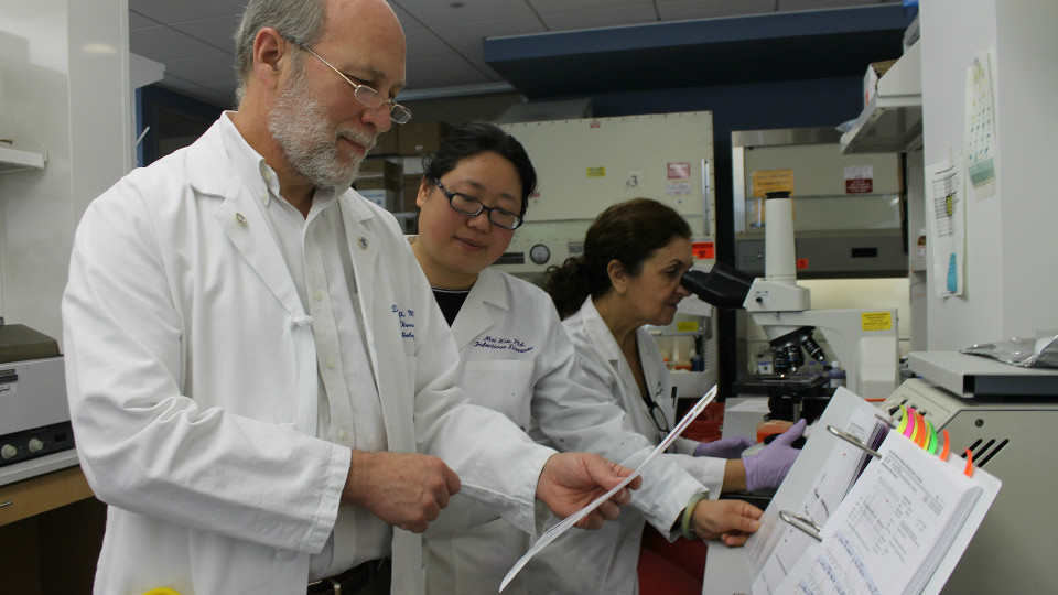 Daniel Hoft, Mei Xia és Azra Blazevic vizsgálják a Zika-vírust mint a rák elleni fegyvertFotó: Ellen Hutti – Forrás: www.slu.edu