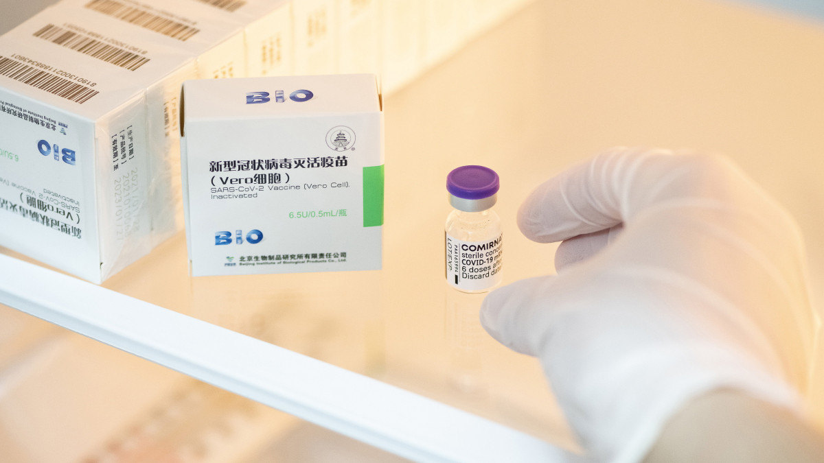 A német-amerikai fejlesztésű Pfizer-BioNTech vakcinája (j) és a kínai Sinopharm koronavírus elleni oltóanyagát tartalmazó dobozok Pethő Andrea háziorvos újfehértói rendelőjében 2021. március 30-án.
