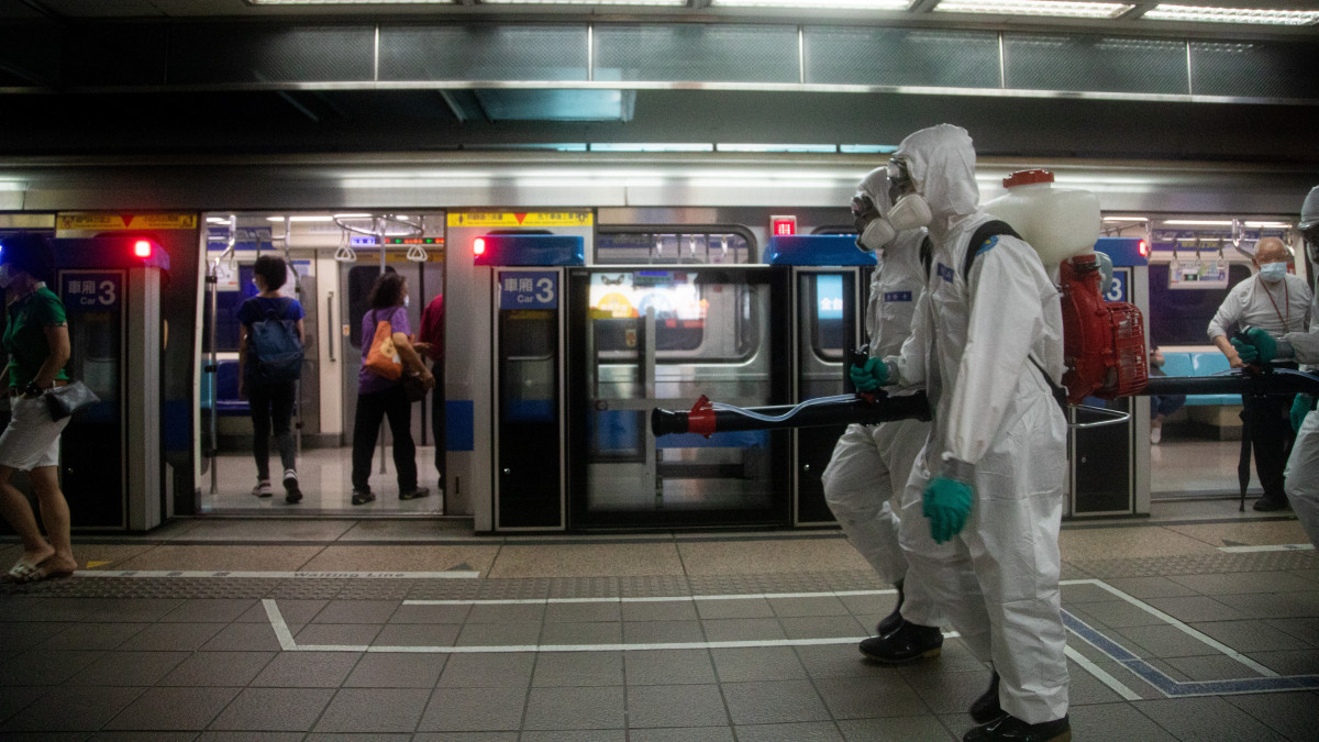 The main Taipei transporting hub is disinfected during the COVID-19 outbreak in Taipei, Taiwan on May 18, 2021.  (Photo by Annabelle Chih/NurPhoto via Getty Images)